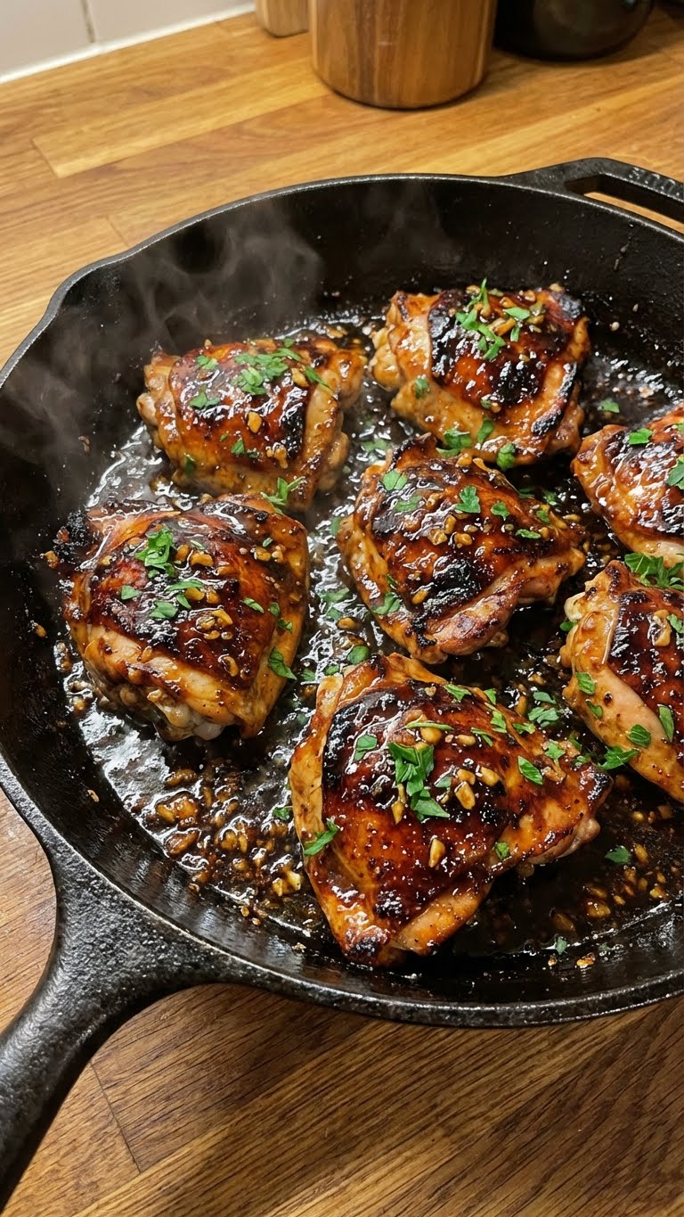 Close-up of sizzling chicken thighs in a skillet coated in a dark, sticky garlic-brown sugar glaze with visible char marks.