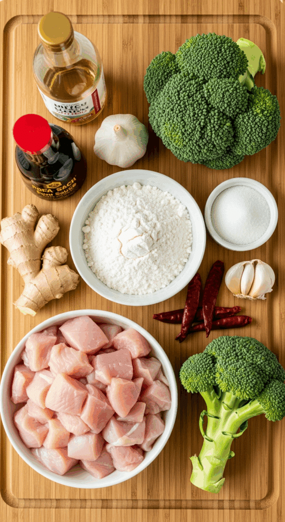 Raw ingredients for General Tsao's Chicken including chicken, cornstarch, soy sauce, dried chilies, and broccoli.