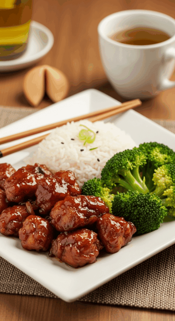 Plated General Tsao's Chicken served with white rice and steamed broccoli.