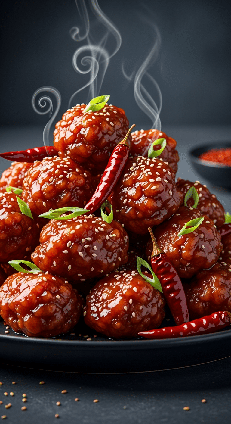 Close-up of General Tsao's Chicken with a glossy, sticky sauce, dried red peppers, and green onions.