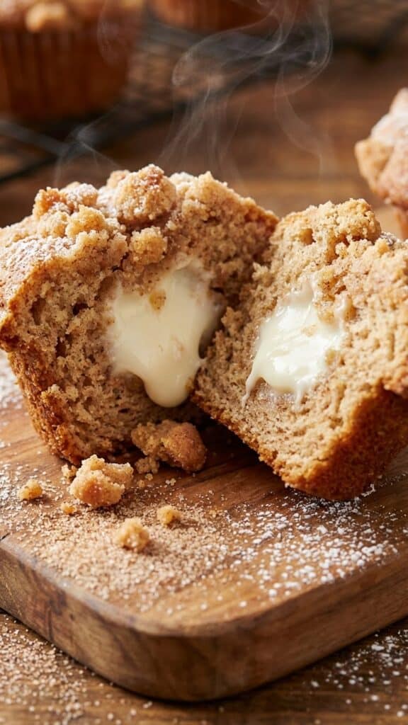 Close-up of a cinnamon muffin cut open to show the gooey cream cheese filling inside.