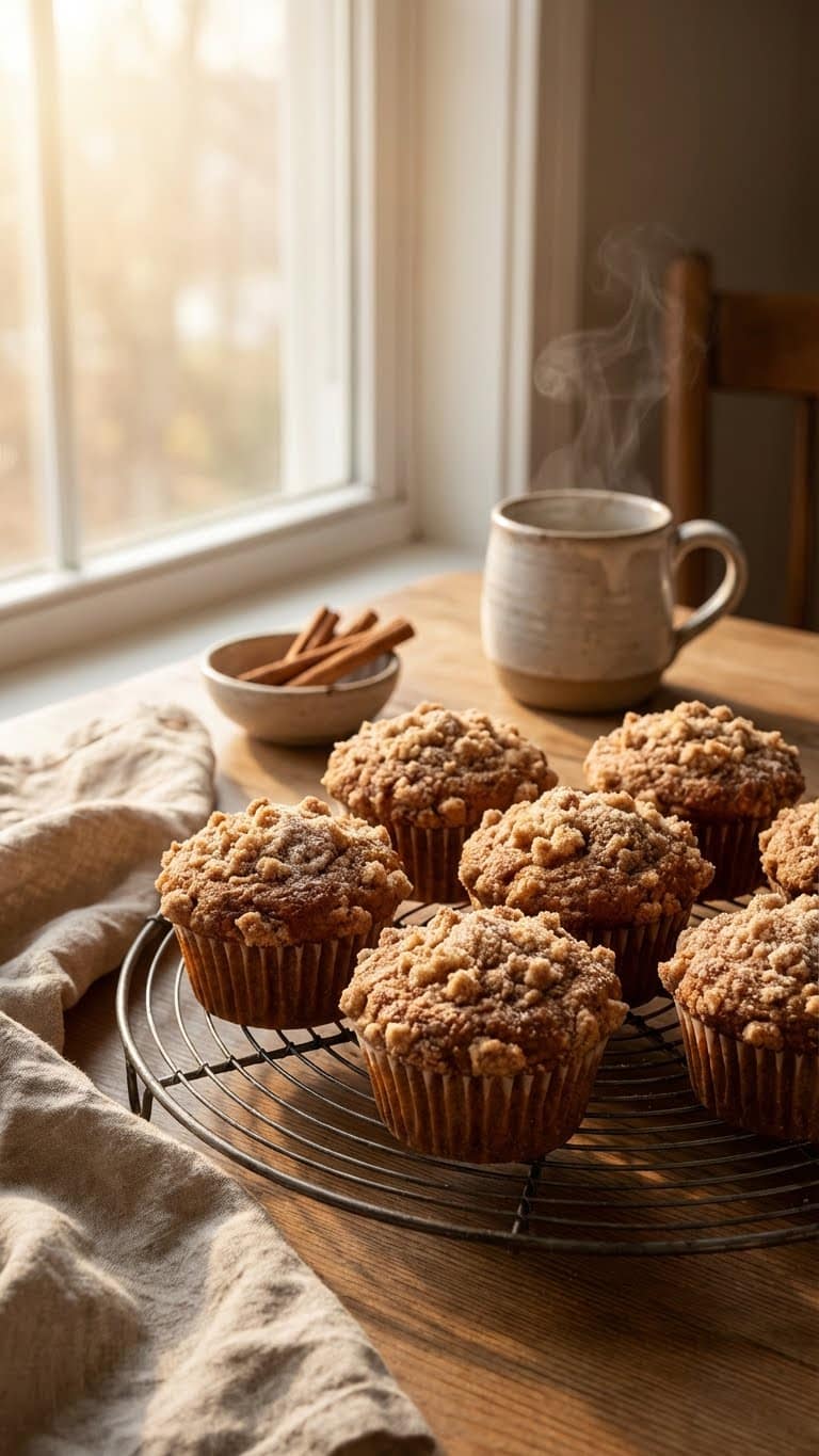 A batch of fresh cinnamon streusel muffins on a cooling rack next to a cup of coffee.