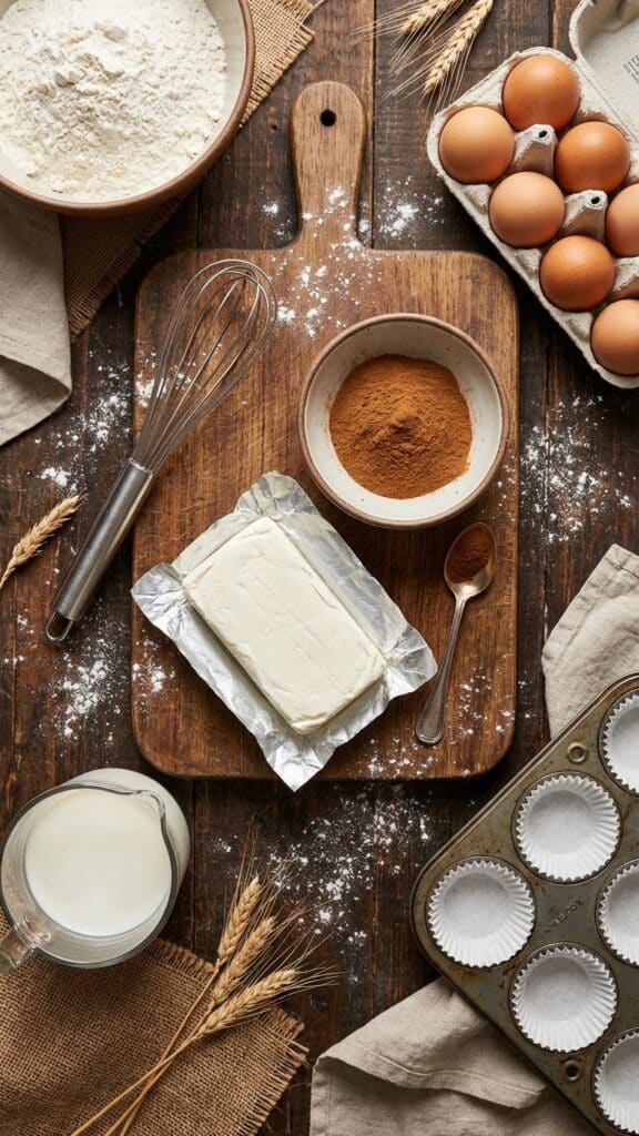 Ingredients for cream cheese muffins including flour, eggs, cinnamon, and a block of cream cheese.