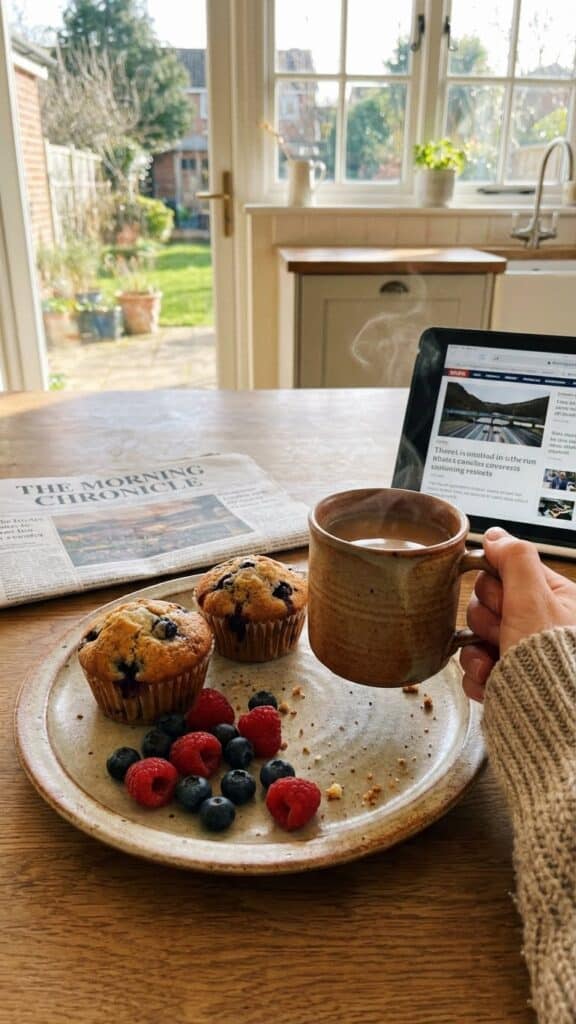 Cinnamon cream cheese muffins served on a breakfast table with coffee and berries.