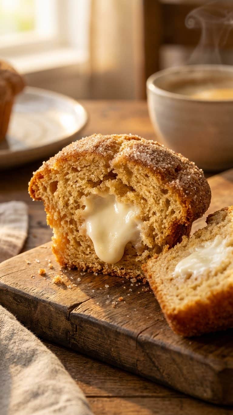 A cinnamon muffin cut in half revealing a gooey cream cheese filling center.