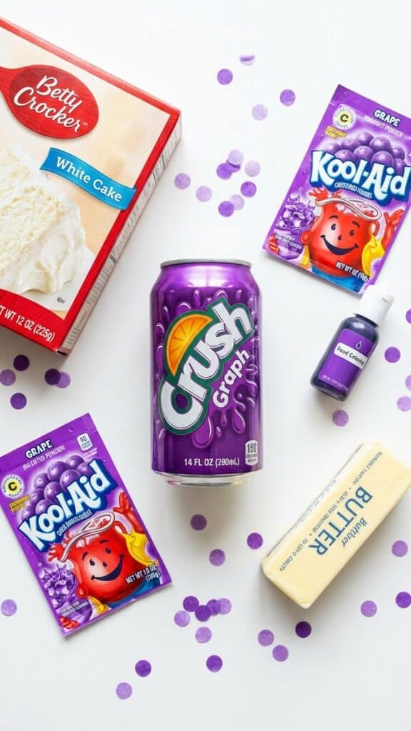 Ingredients for grape cupcakes including a can of grape soda and kool-aid powder.