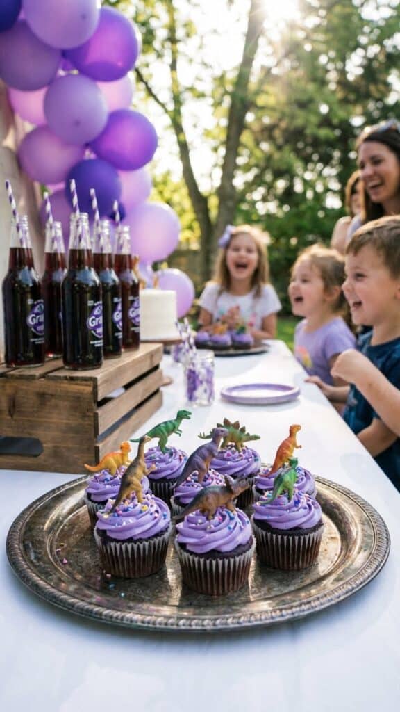 A tray of purple grape soda cupcakes served at a birthday party with soda bottles in the background.