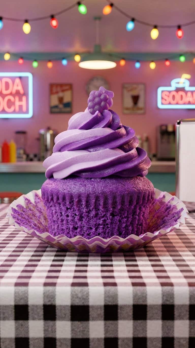 A purple cupcake made with grape soda topped with purple frosting and a gummy candy.