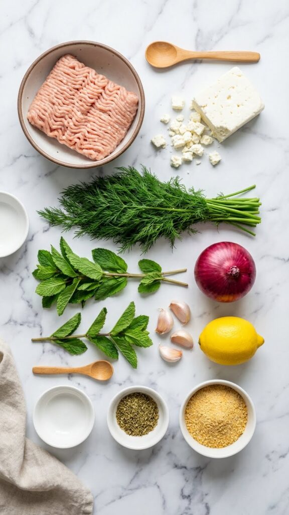 Overhead flat lay view of ingredients: ground chicken, feta cheese, fresh dill, mint, lemon, garlic, and red onion on a marble surface.