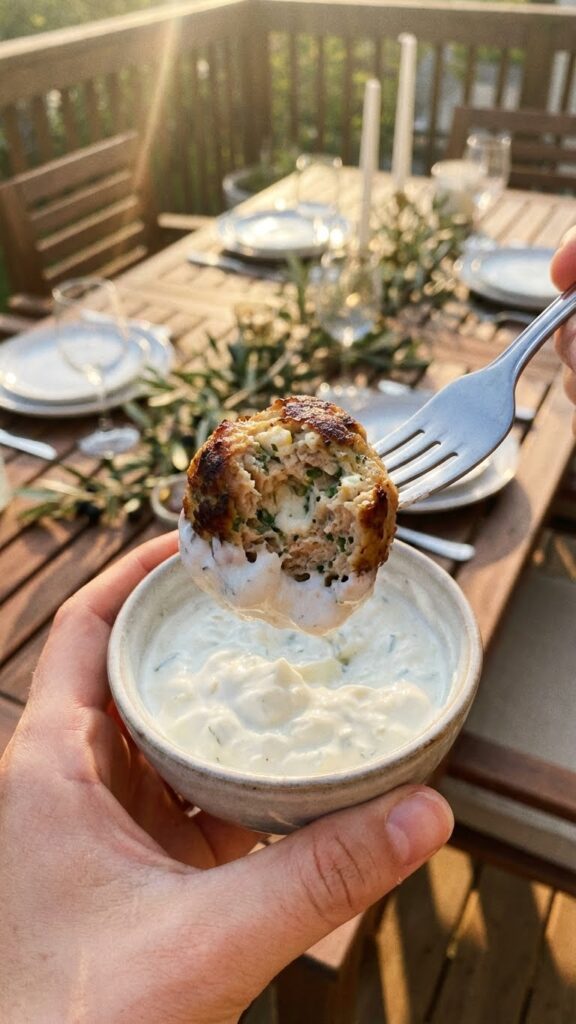 A close-up POV shot of a fork holding a bitten Greek chicken meatball dipped in tzatziki sauce, showing the herby interior.
