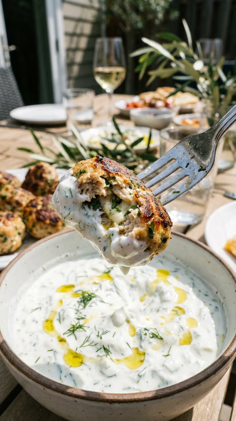 A rustic platter filled with golden-brown Greek Chicken Meatballs served with tzatziki sauce, pita bread, lemons, olives, and tomatoes.