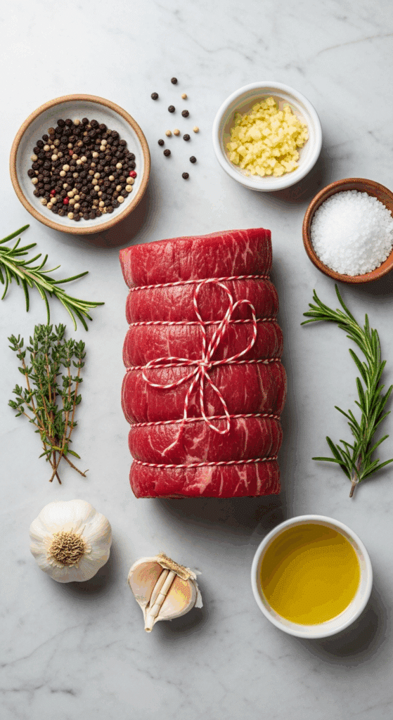 Raw ingredients for grilled beef tenderloin including a tied roast, peppercorns, garlic, herbs, and oil on a marble surface.