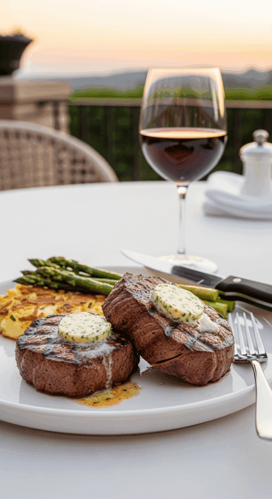 Plated slices of grilled beef tenderloin with melting herb butter, asparagus, and potatoes on an outdoor dining table.