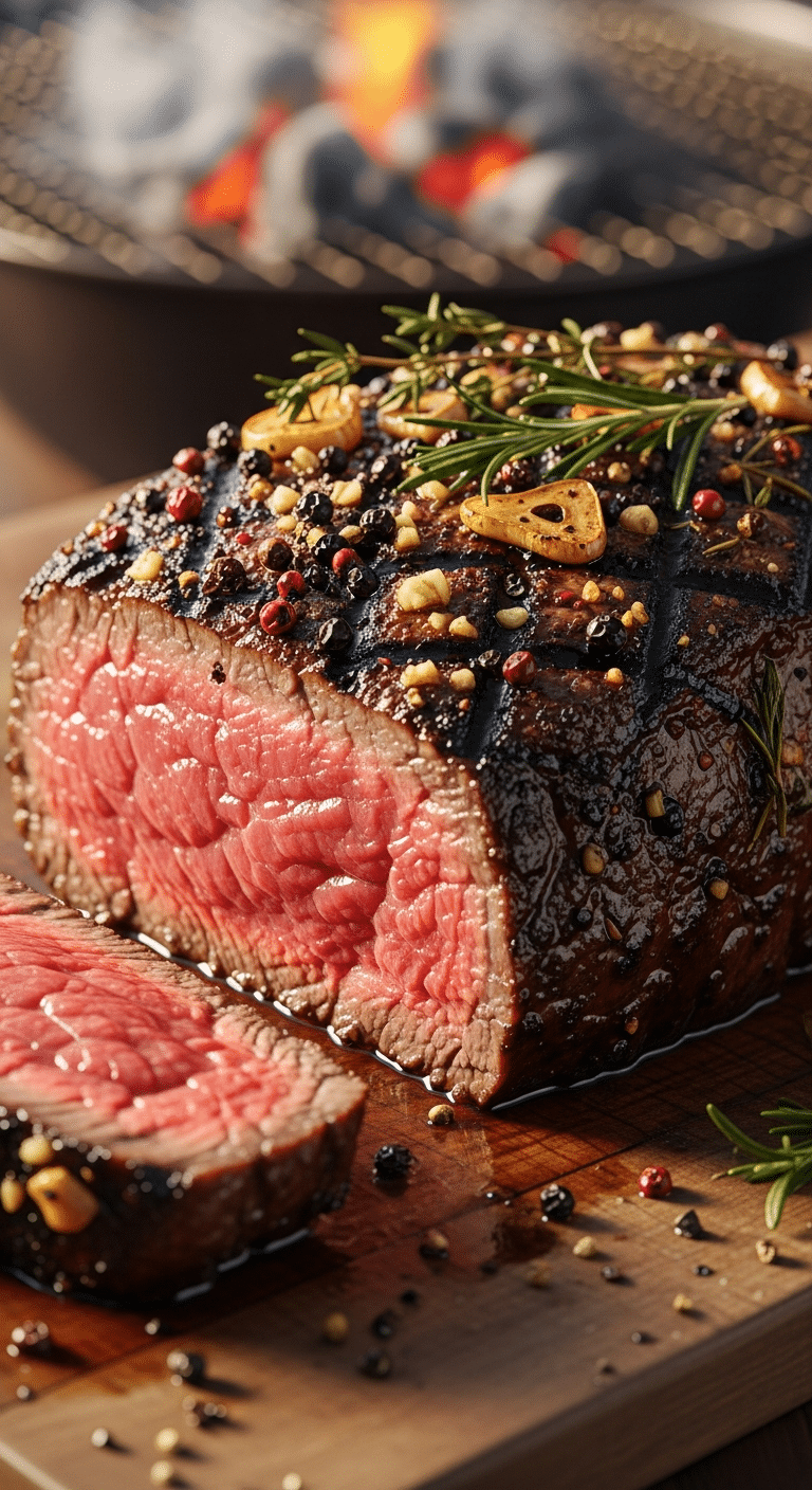 Close-up of a sliced grilled beef tenderloin steak on a wooden board, showing a medium-rare interior and a heavy herb-garlic-pepper crust.