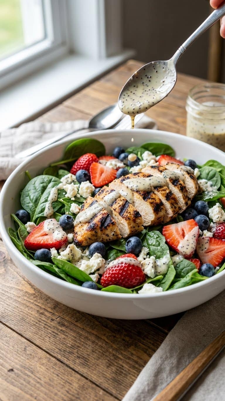 A grilled chicken salad with strawberries, blueberries, feta cheese, and poppy seed dressing.