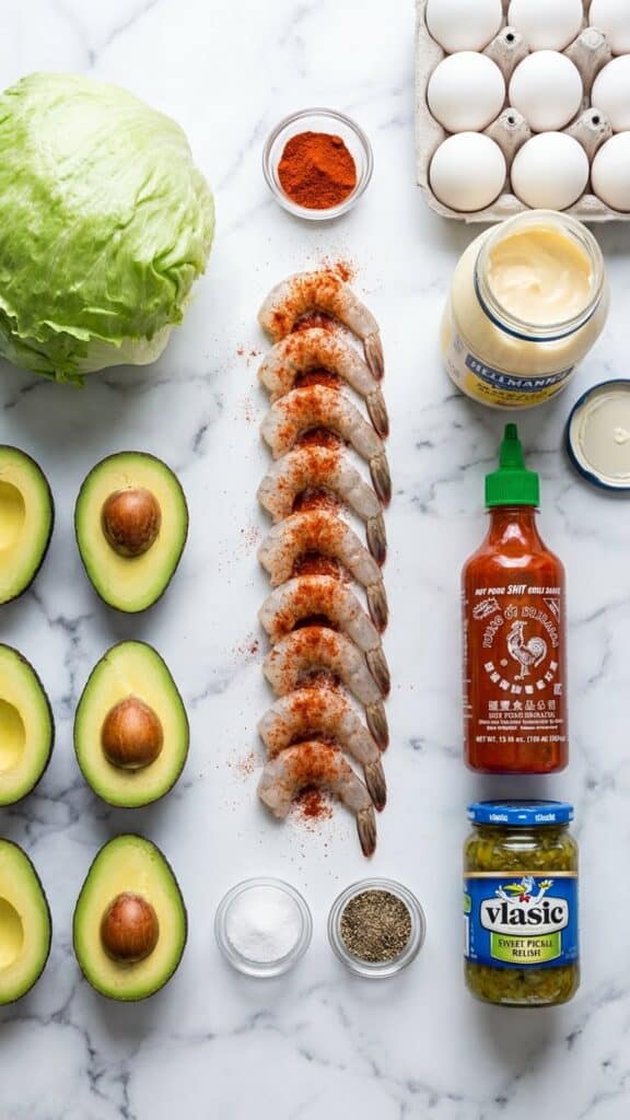 Flat lay of ingredients for Shrimp Louie salad including shrimp, avocado, and dressing components.
