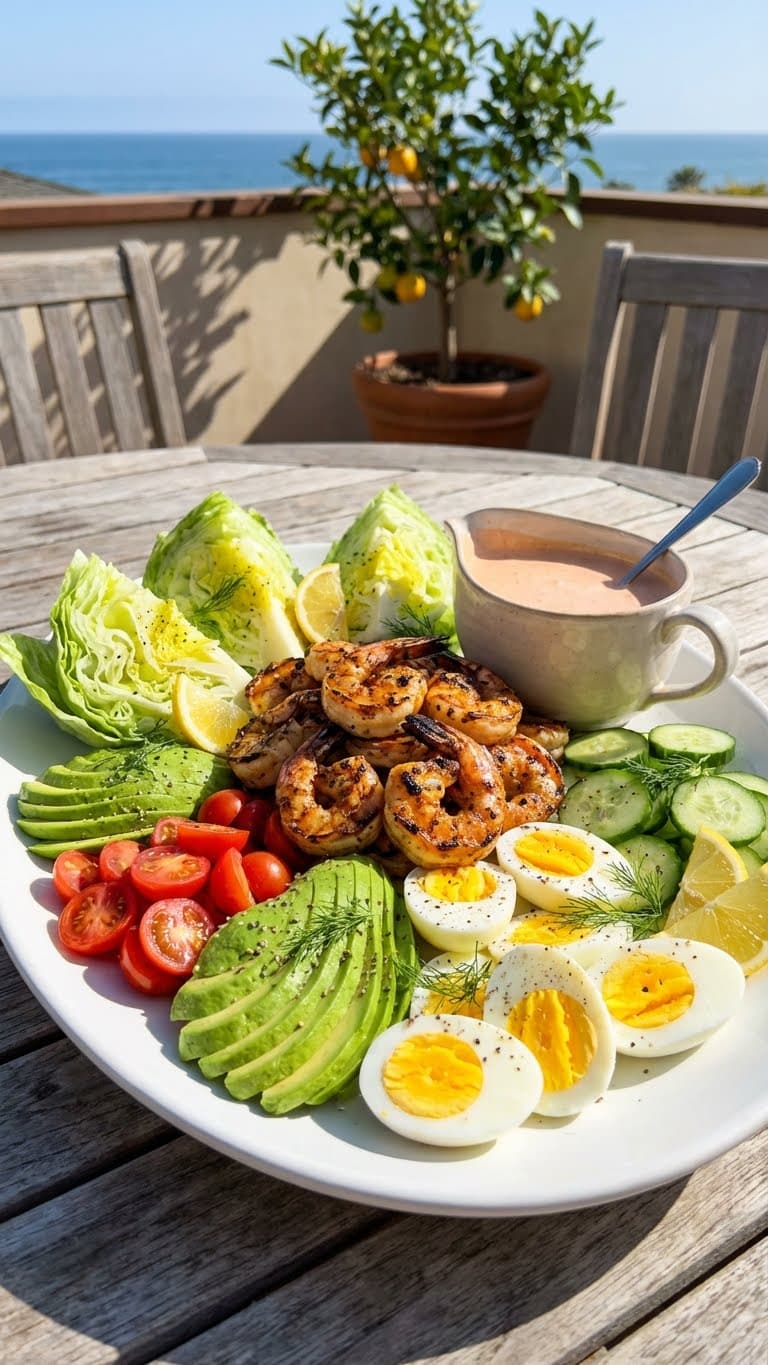 A composed Grilled Shrimp Louie salad platter with avocado, eggs, and tomatoes.