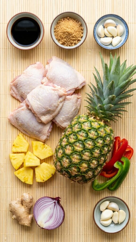 Overhead flat lay of ingredients: fresh pineapple, red and green peppers, chicken thighs, soy sauce, and ginger on a bamboo surface.