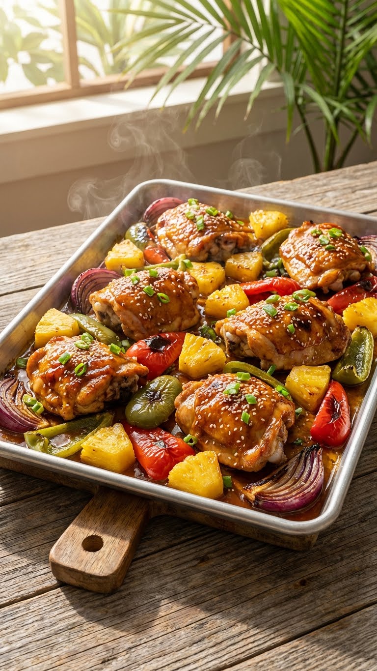 A sheet pan filled with roasted Hawaiian chicken thighs, caramelized pineapple chunks, and colorful bell peppers coated in sticky glaze.