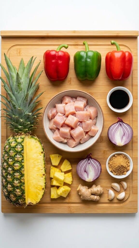 Flat lay of ingredients for Hawaiian chicken including pineapple, peppers, and soy sauce.