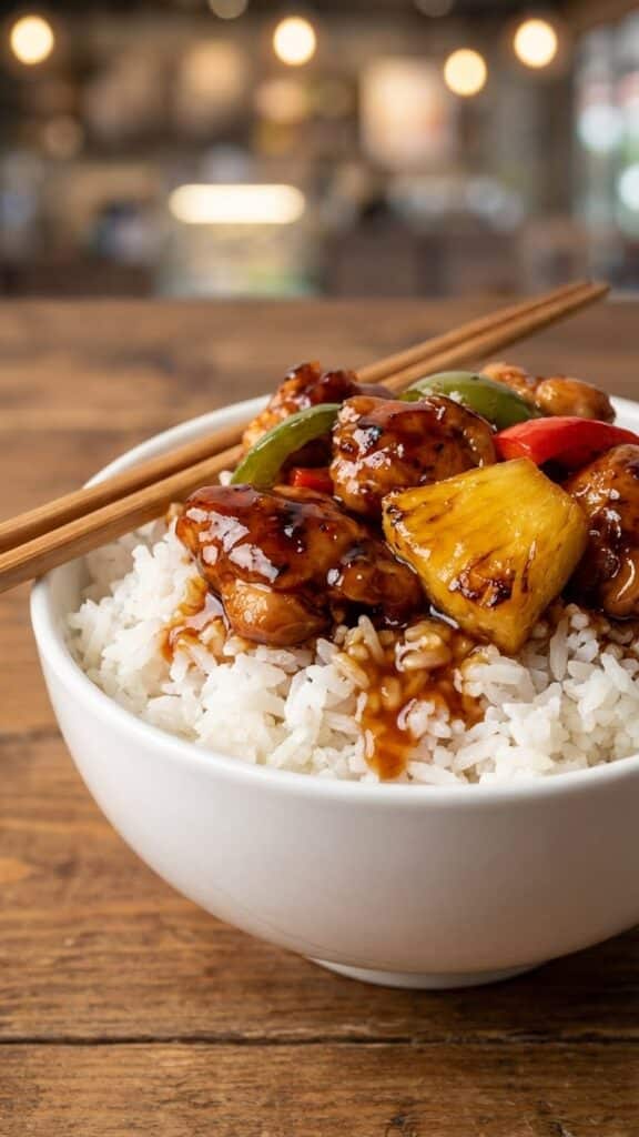 Close-up of a bowl of white rice topped with glazed Hawaiian chicken and pineapple.