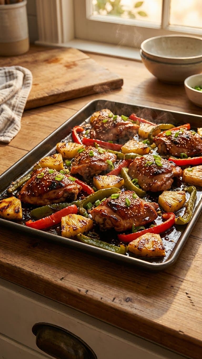 A sheet pan filled with roasted Hawaiian chicken, pineapple, and peppers coated in a sticky glaze.