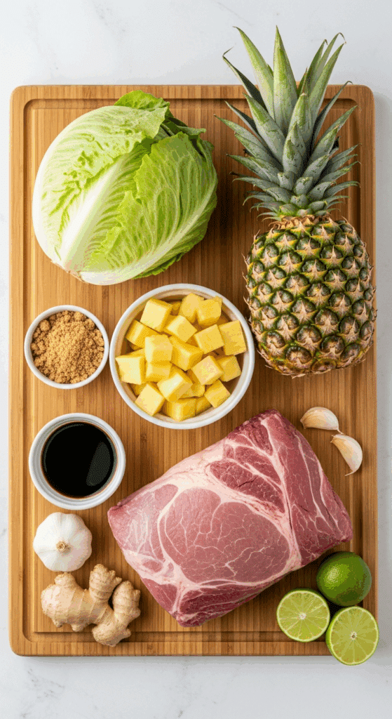 Overhead view of ingredients for Hawaiian lettuce wraps: raw pork roast, fresh pineapple, butter lettuce, soy sauce, ginger, and limes on a bamboo board.