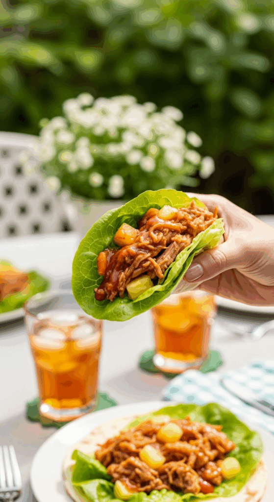 A hand holding a loaded Hawaiian pulled pork lettuce wrap outdoors on a sunny patio, ready to eat.
