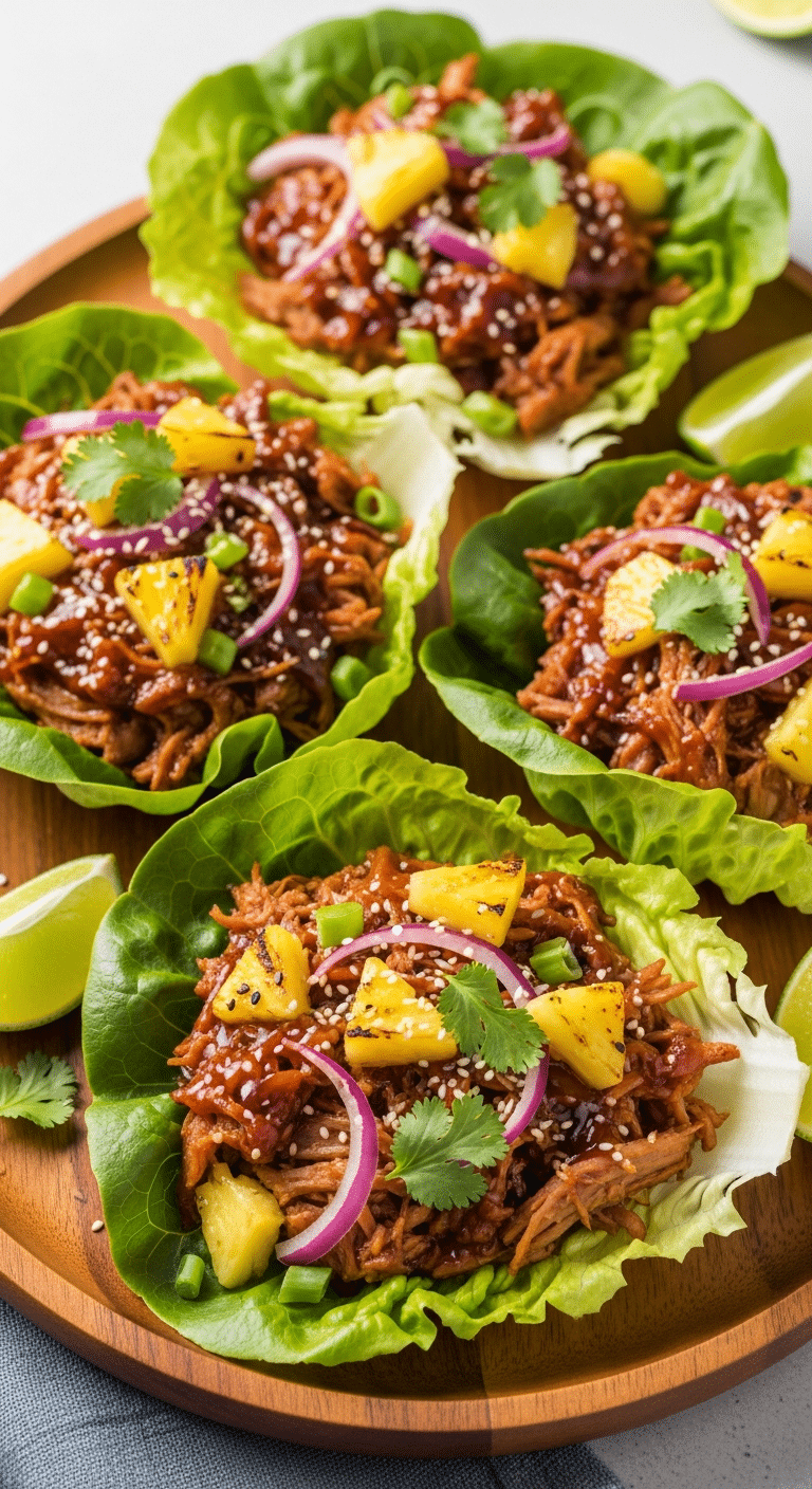 Close-up photograph of three butter lettuce cups filled with Hawaiian shredded pork, pineapple, red onion, and cilantro on a wooden platter.