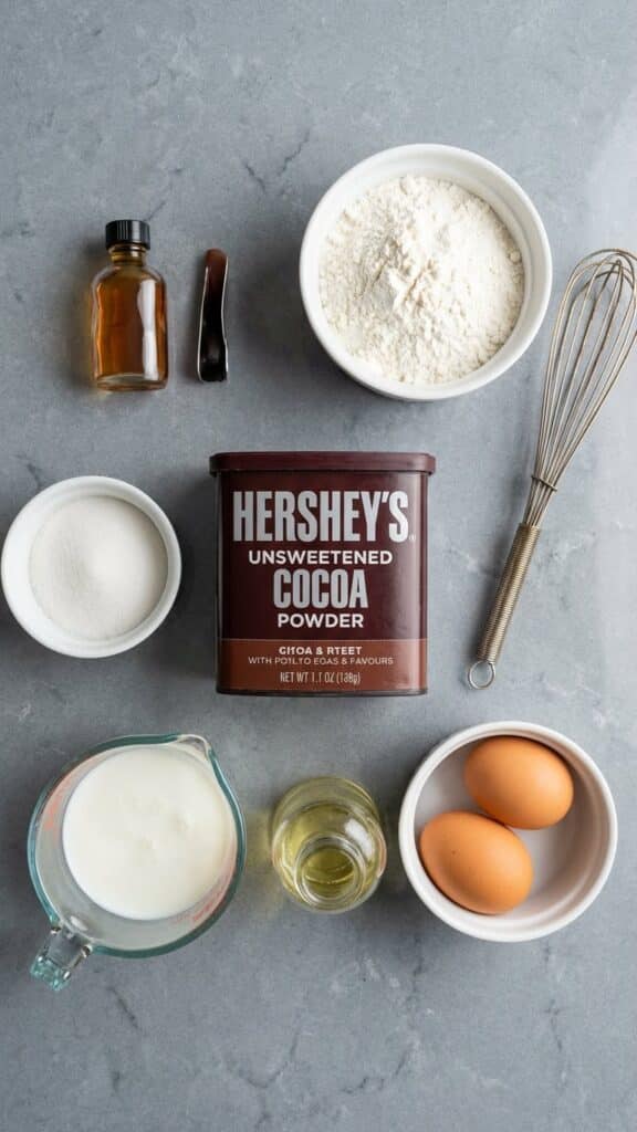 Overhead view of baking ingredients including a tin of Hershey's Cocoa powder, flour, sugar, eggs, and buttermilk arranged on a stone counter.