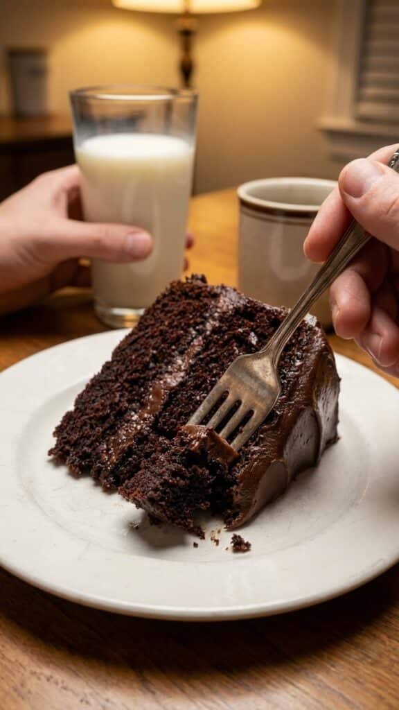 A close-up of a fork taking a bite from a slice of moist Hershey's chocolate cake with fudge frosting on a plate.