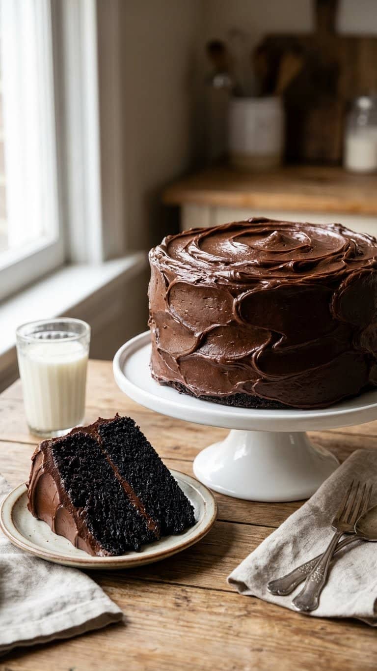 A whole two-layer Hershey's Chocolate Cake with dark fudge frosting, with a slice cut out showing the super moist, dark interior crumb.