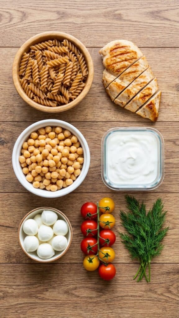Flat lay of high-protein salad ingredients including chicken, chickpeas, greek yogurt, and pasta.