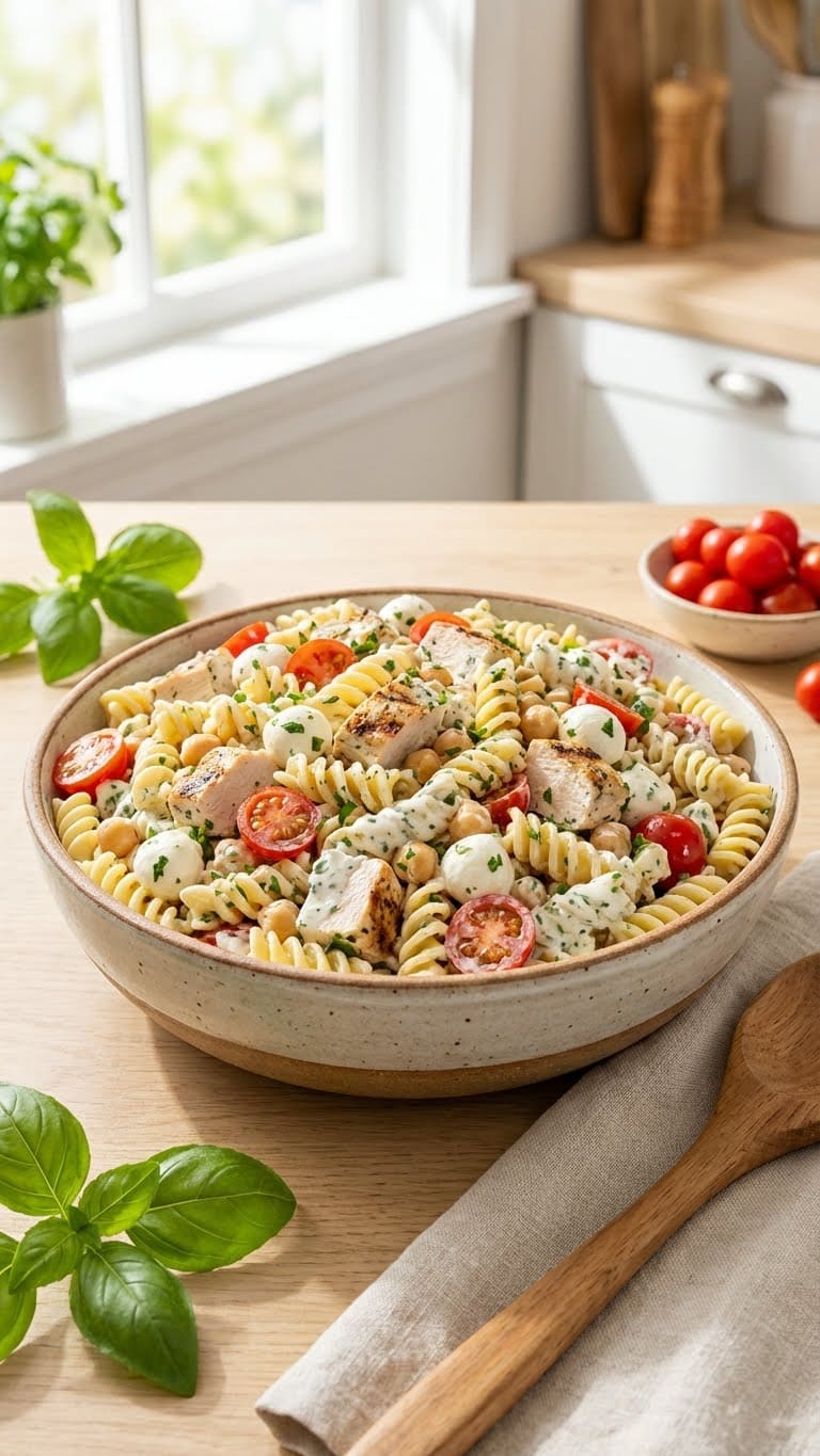 A large bowl of creamy high-protein pasta salad with chicken, chickpeas, and vegetables.