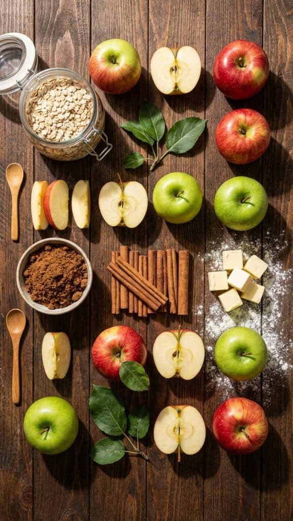 Overhead view of ingredients for apple crisp including fresh red and green apples, rolled oats, brown sugar, and cinnamon.