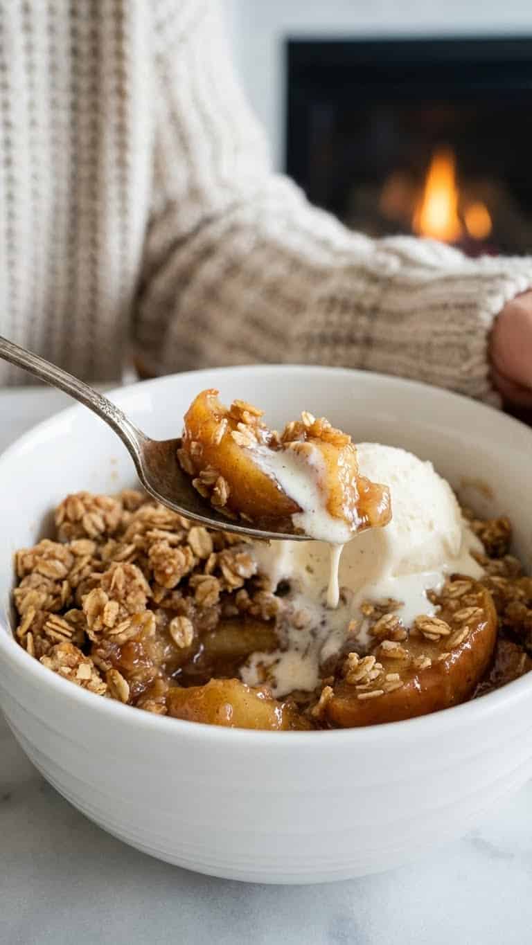 Homemade Apple Crisp in a cast iron skillet topped with melting vanilla ice cream and golden oat crumble.