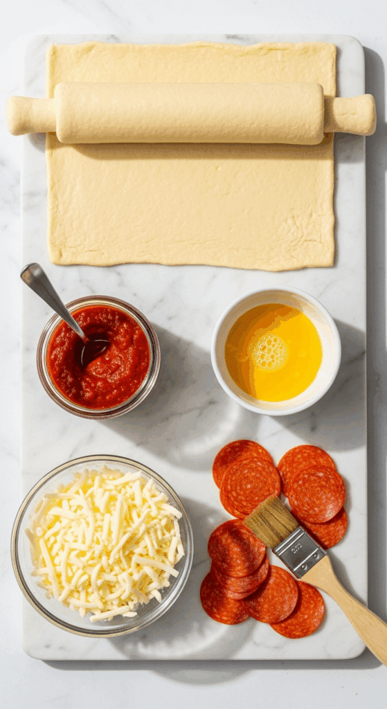 Ingredients for easy pizza pockets including a sheet of dough, pizza sauce, shredded cheese, and pepperoni laid out on a marble board.