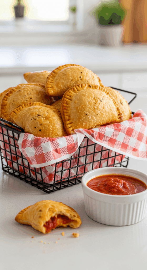 A basket of baked pizza pockets served with a side of marinara dipping sauce on a kitchen counter.