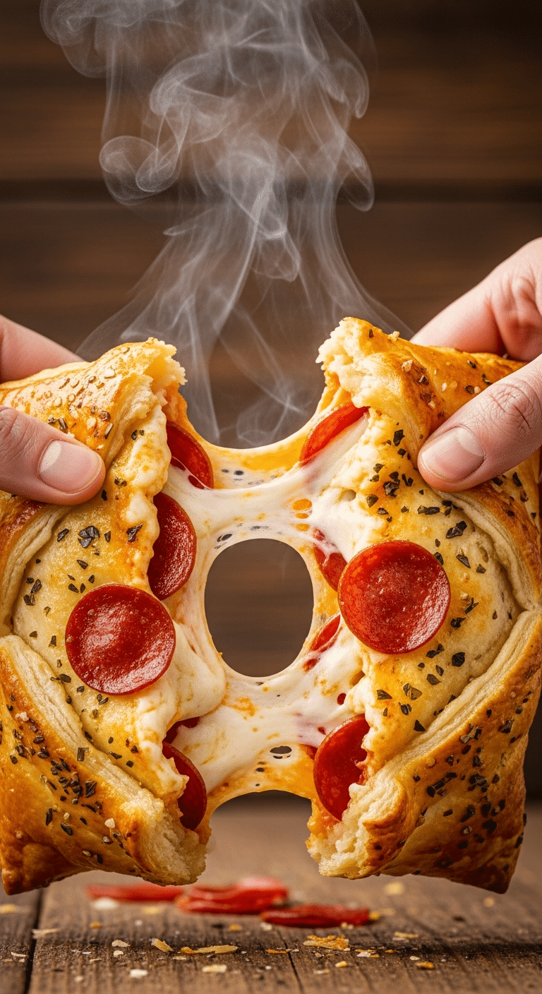 Close-up of a homemade pizza pocket being pulled open, revealing a long stretch of melted cheese and pepperoni inside a flaky crust.