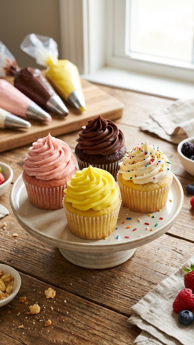 Four cupcakes topped with different flavors of homemade buttercream: strawberry, chocolate, lemon, and vanilla.