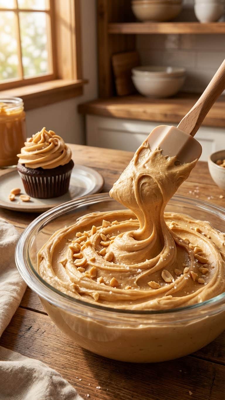 A glass bowl filled with creamy peanut butter frosting with deep swirls and chopped peanuts, next to a frosted chocolate cupcake.