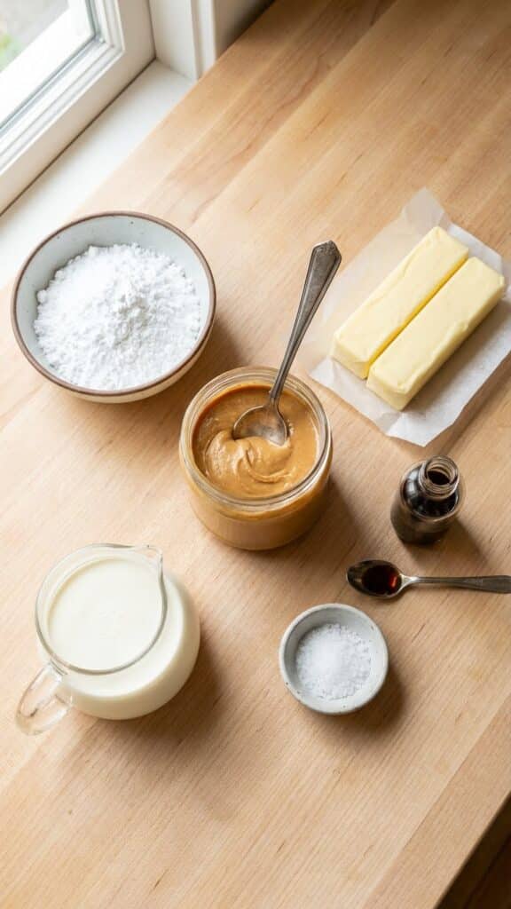 verhead flat lay of frosting ingredients including creamy peanut butter jar, powdered sugar, butter, and heavy cream on a wooden surface.