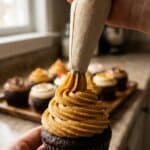 Close-up of a piping bag squeezing a swirl of peanut butter frosting onto a chocolate cupcake.