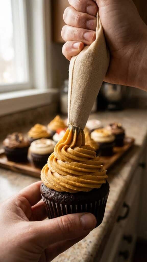 Close-up of a piping bag squeezing a swirl of peanut butter frosting onto a chocolate cupcake.