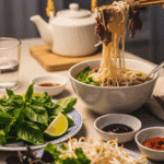 A person eating homemade Pho with chopsticks, surrounded by side plates of fresh herbs and sauces at a table.