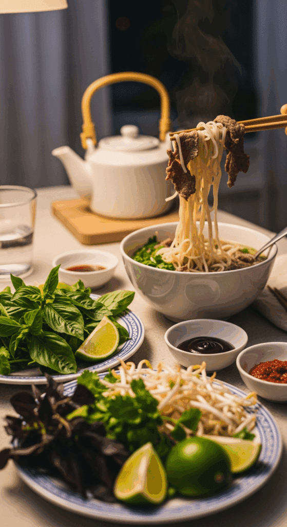 A person eating homemade Pho with chopsticks, surrounded by side plates of fresh herbs and sauces at a table.