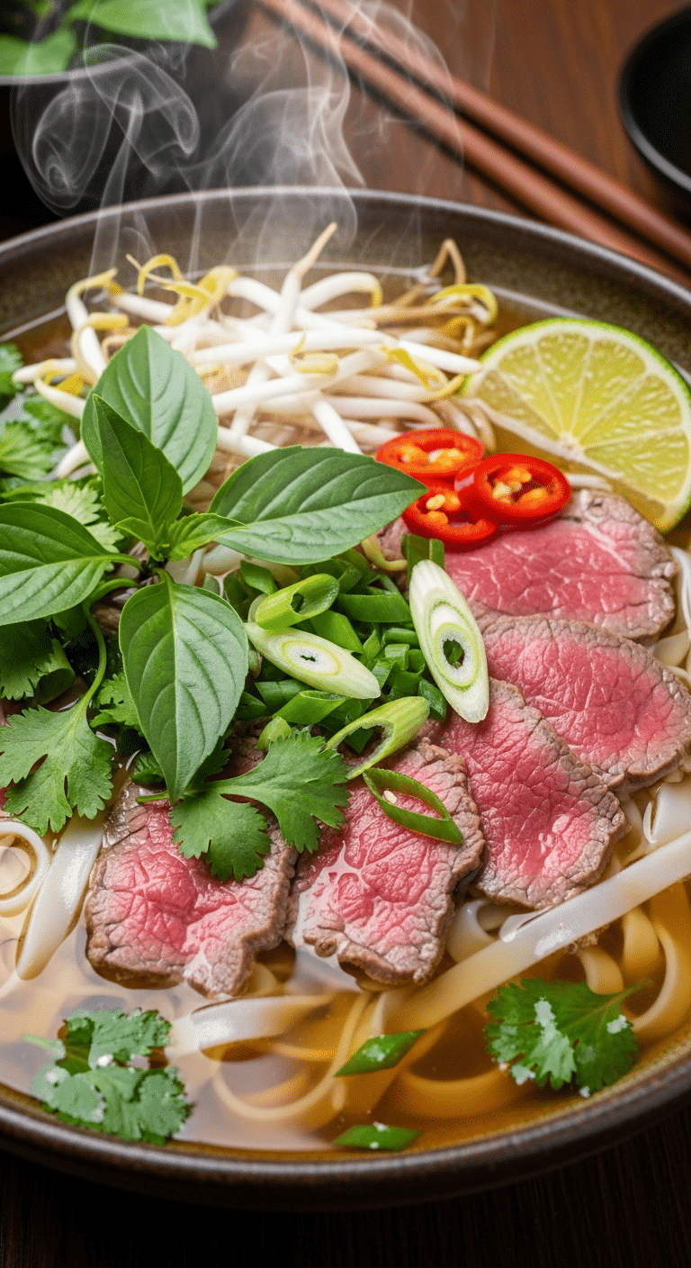 Close-up of a steaming bowl of homemade Beef Pho with rice noodles, rare beef slices, fresh herbs, bean sprouts, and lime.