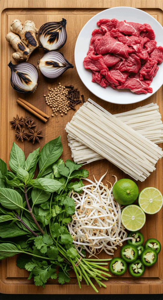 Raw ingredients for homemade pho including charred aromatics, whole spices, rice noodles, beef, and fresh herbs on a wooden board.