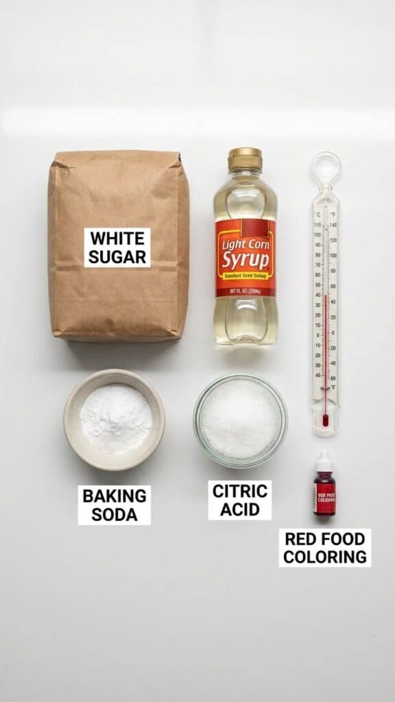 Flat lay of ingredients for pop rocks including citric acid, sugar, and a thermometer.