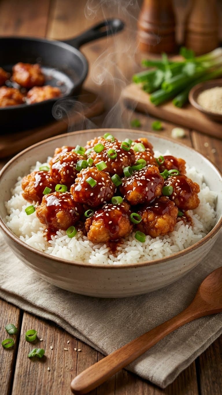 A bowl of white rice topped with sticky Honey BBQ chicken and green onions.